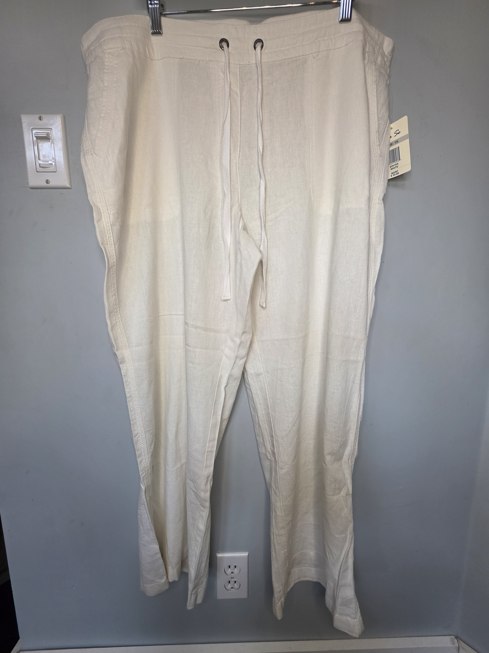 Per Se White Linen Blend Pants Wide Leg Drawstring Coastal Beach Resort 1X NWT